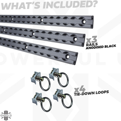 3x Cargo Track/Rails + 4x Tie-down loops - Narrow Type - Black