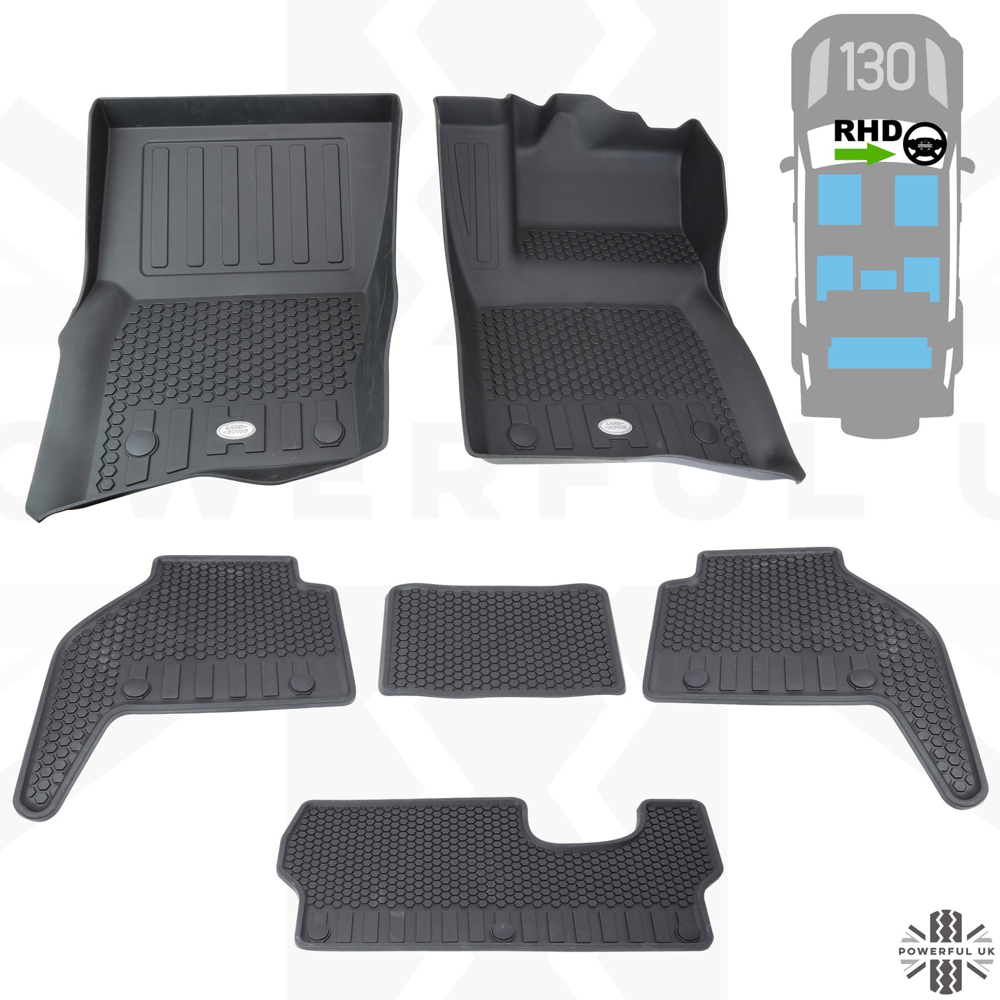 Rubber Floor Mat Set - Genuine - for Land Rover Defender L663(130 models WITH 3rd row seats) - RHD