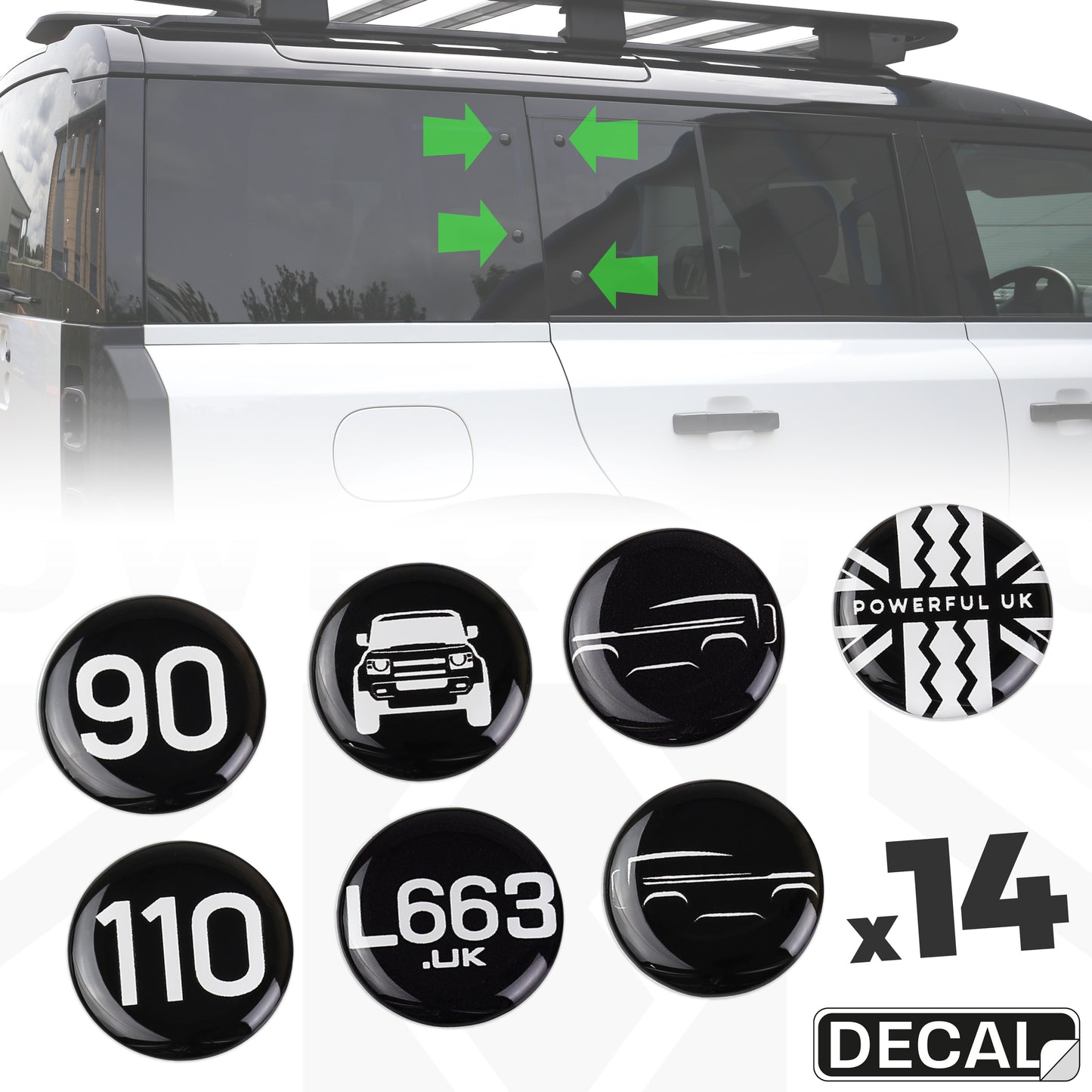 Resin Dome Sticker Kit - Mixed Designs x14 - for Land Rover Defender L663