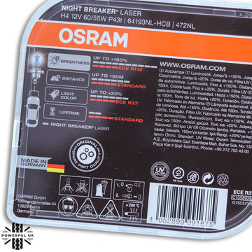 Osram Night Breaker Laser 12v H4 Car 150% Brighter Upgrade Headlight Bulbs  Set +